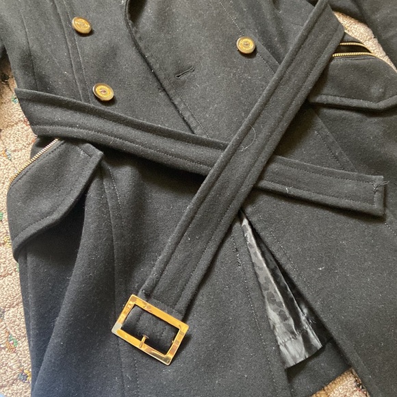 Express winter wool trench coat in black w gold buttons and zippers size XS - Picture 3 of 4